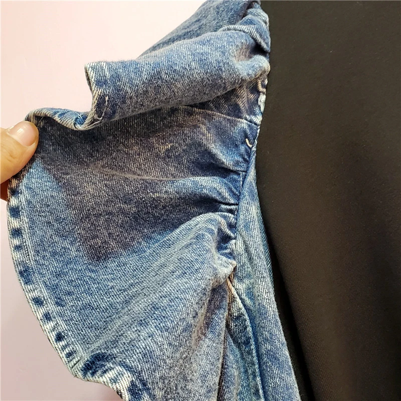 

SISPELL Patchwork Denim Ruffle Women's Pullover Sweater O Neck Sleeveless Loose For Female Casual Sweater 2020 Fashion Tide