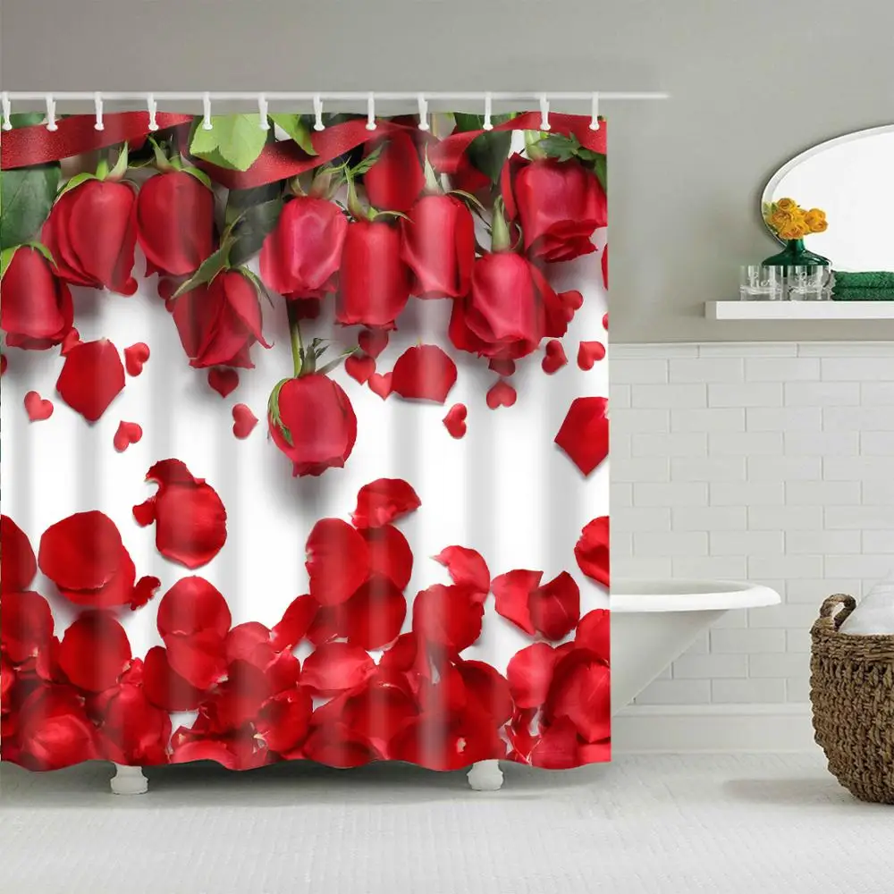 

Занавеска для душа с красными лепестками роз, модные аксессуары для ванной комнаты с крючками, водонепроницаемая ткань из полиэстера, декор...