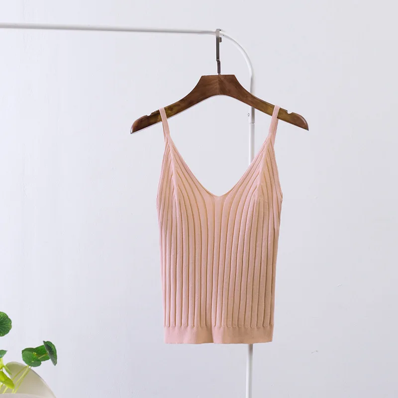 Women Sexy Knitted Crop Top Sleeveless Cropped Vest Slim Sling Tank V-neck Plain Camisole High Elastic Camis | Женская одежда
