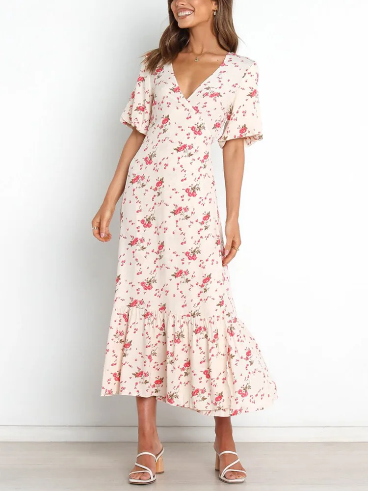 

цветочное платье миди 2022 с перекрестным v-образным вырезом, завязкой на талии, подолом с оборками, элегантное платье с запахом, женское летне...