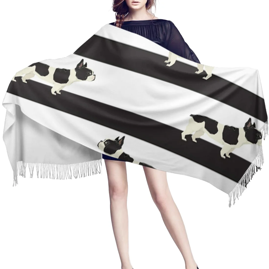 Модный шарф в черно белую полоску с собакой бульдогом унисекс Теплые осенние