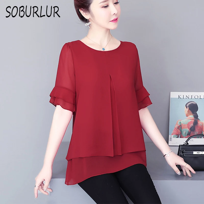 

Chiffon Blouse Women Summer Short Sleeve Blouses O-neck Loose Casual Shirts Solid Fashion Tops Black Red Femme Blusas