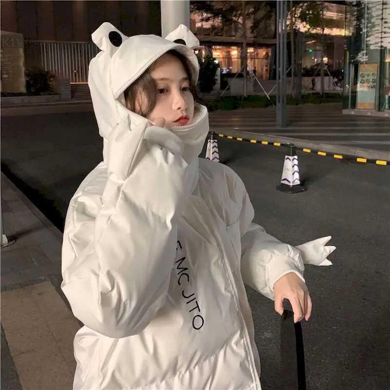

Зимние парки Женская куртка пуховик корейские пуховики на молнии с лягушкой стеганые пальто кавайные теплые женские топы в стиле преппи