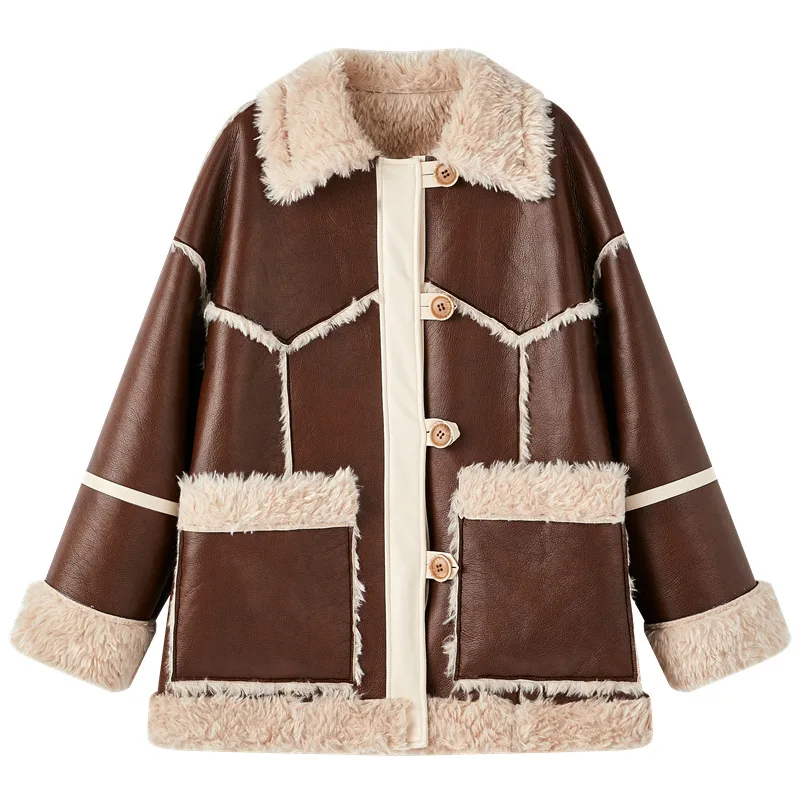 

2021 Women Fur Pu Biker Coats Ladies Korean Vintage Warm Loose Faux Leather Jackets Female Oversized Motorcycle Clothing Thicken