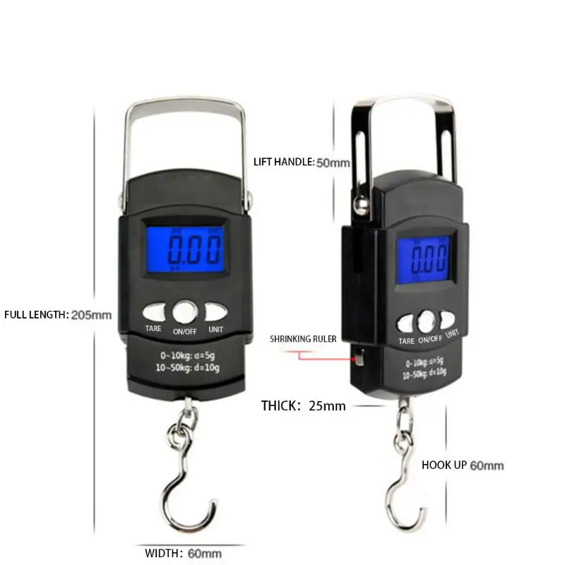 

Portable Backlit LCD Display 110lb/50kg Electronic Balance Digital Fishing Postal Hanging Hook Scale with Measuring Tape Y4UB