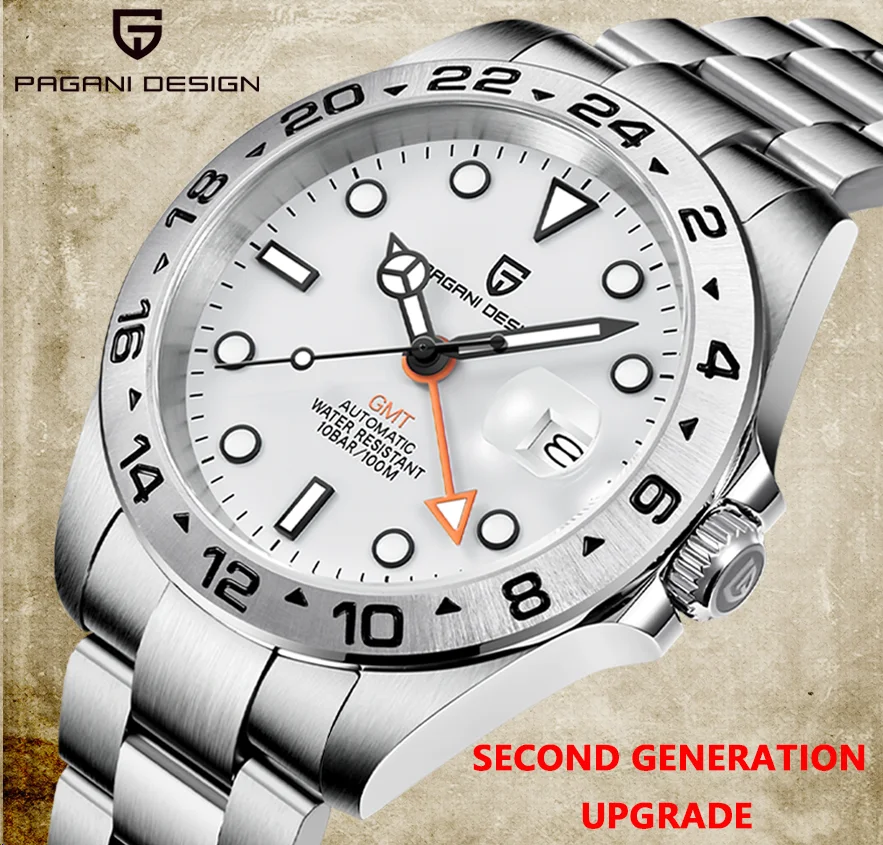 PAGANI DESIGN 2021 New Men's 42mm Automatic GMT Clock 316L Stainless Steel 100m Waterproof Sapphire Men's Watch Reloj Hombre