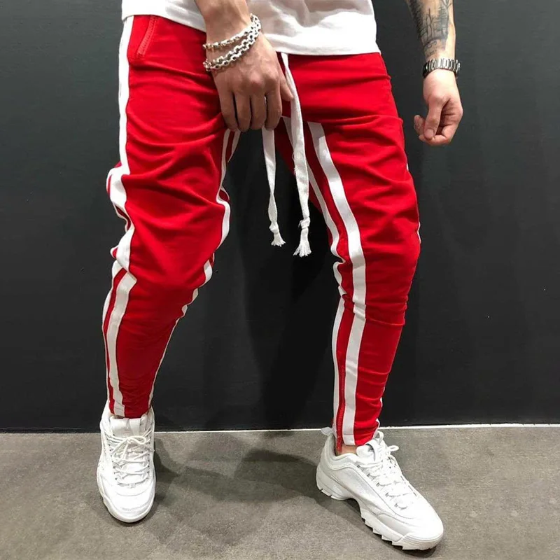 red-white Хлопок, мужская спортивная одежда, повседневные Стрейчевые Мужские штаны для фитнеса, облегающие спортивные брюки, брюки для бега - Цвет: red-white