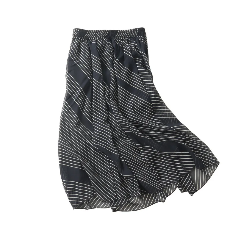 

Women skirts irregular stripes double layer silk skirt elastic waist 2020 summer Vintage sexy Long beach Skirt A-Line Elegant