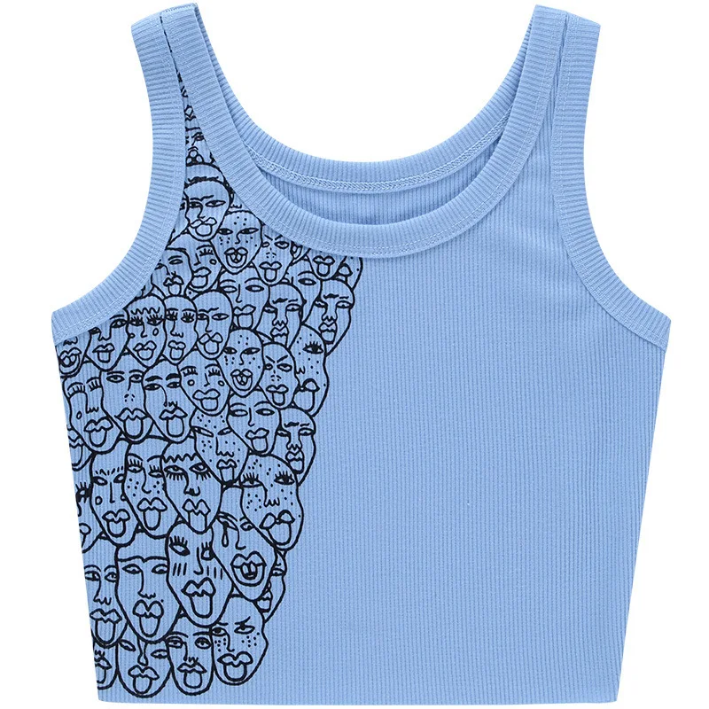 

2021 Summer Ribbed Tank Tops Female Fashion Harajuku Korean Knitted Crop Vest White Blue Women Sexy Slim Fit Printed Tank Tops