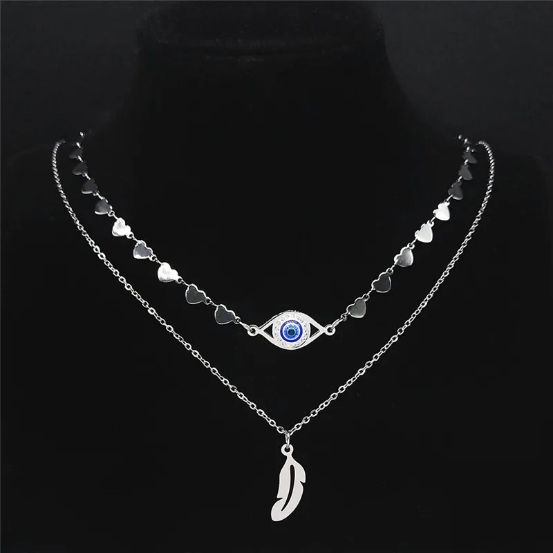 

2PCS Islam Muslim Turkish Eyes Feather Stainless Steel Crystal Necklaces Silver Color Heart Necklace Jewelry ojo turco N9000S01