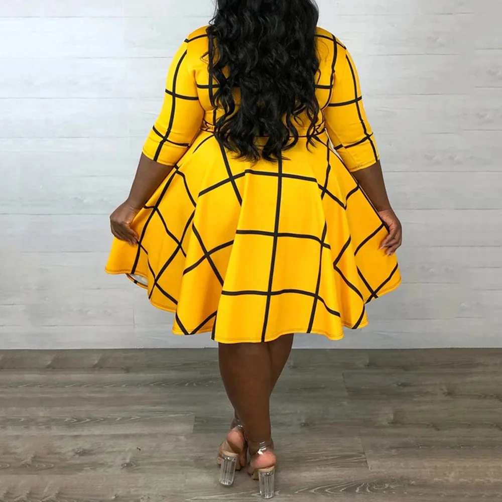 

Plus Size 5XL African Women Dress With Bow Yellow Plaid Print A-Line Midi Robe 2021 Spring Summer Retro 3/4 Sleeve Max Vestidos