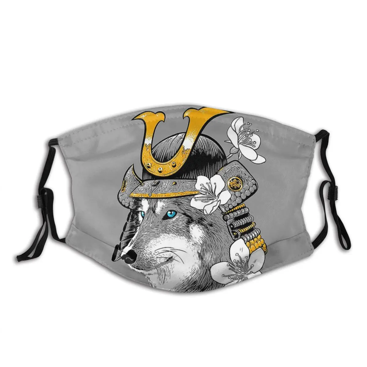 

Samurai Wolf Japan Japanese Asian Temple Helmet Horns Reusable Printed Mouth Face Mask Anti Wind Dust Proof with Filters Winter