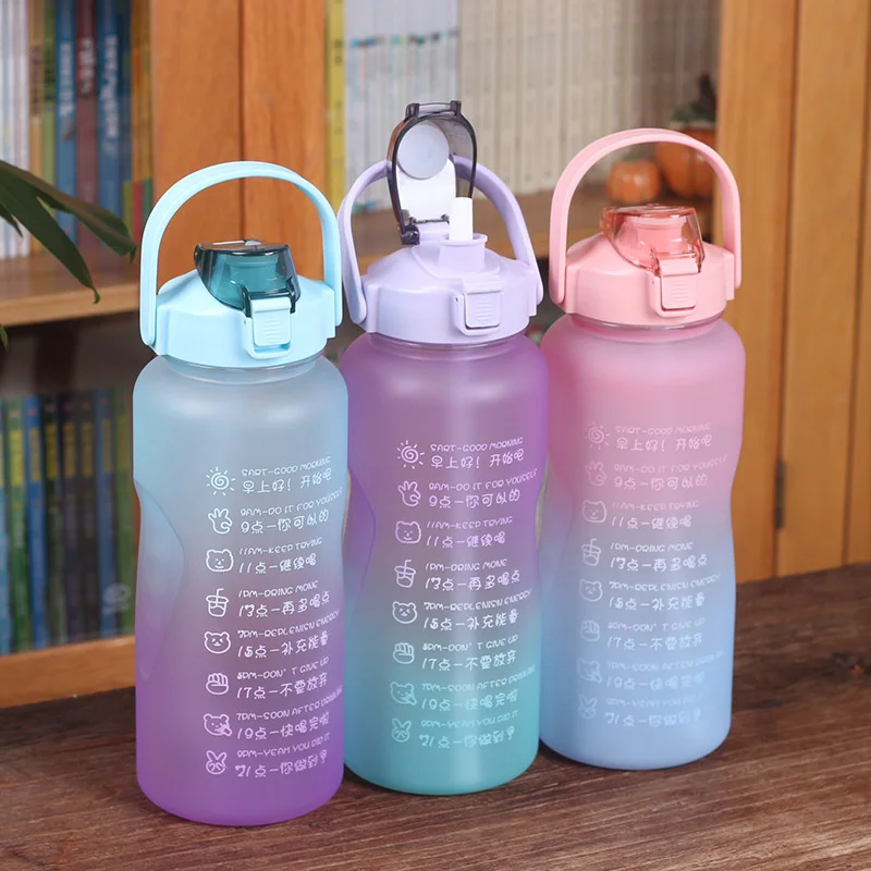 

2L Large Capacity Water Bottle Straw Cup High Temperature Plastic Water Cup Time Scale Frosted Outdoor Sports Student Couple Cup