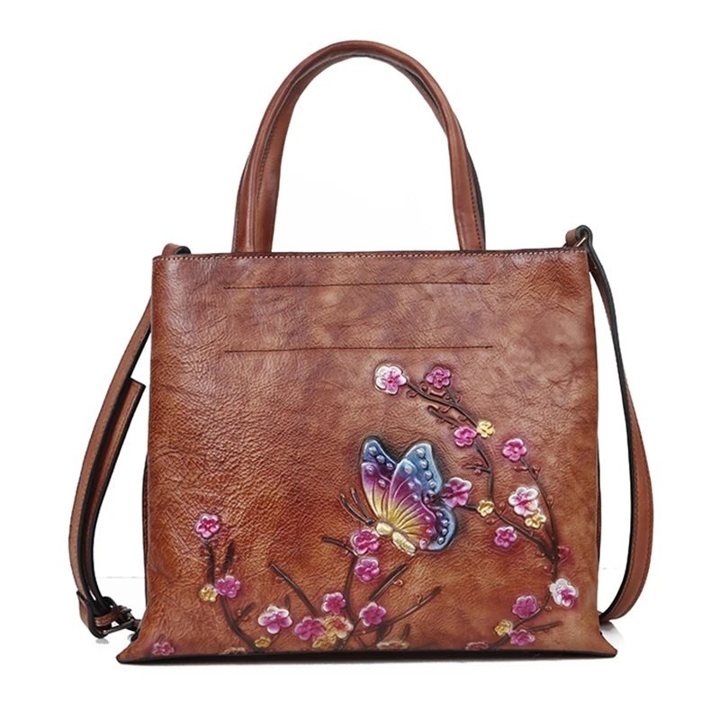 Genuine Leather Messenger Shoulder Women Bag Floral Pattern Retro Printing Natural Skin Tote Bags Female Embossing Handbag | Багаж и сумки