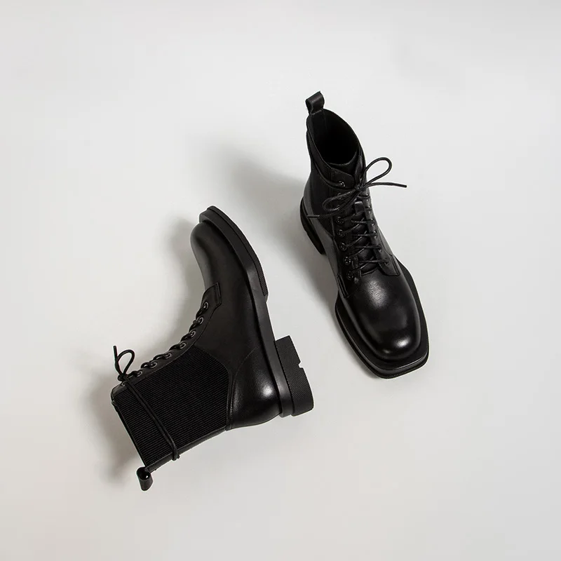 

Genuine Cow Leather boots women's 2020 autumn British style thick-soled mid-tube boots flat ankle women