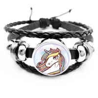 2020cute anime cartoon bracelet glass cabochon black leather snap buckle unicorn childrens bracelet men and women jewelry gifts
