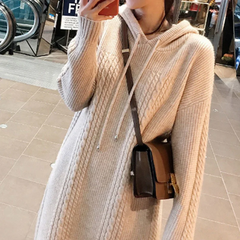 Женское трикотажное платье свитер повседневное вязаное с капюшоном Осень зима
