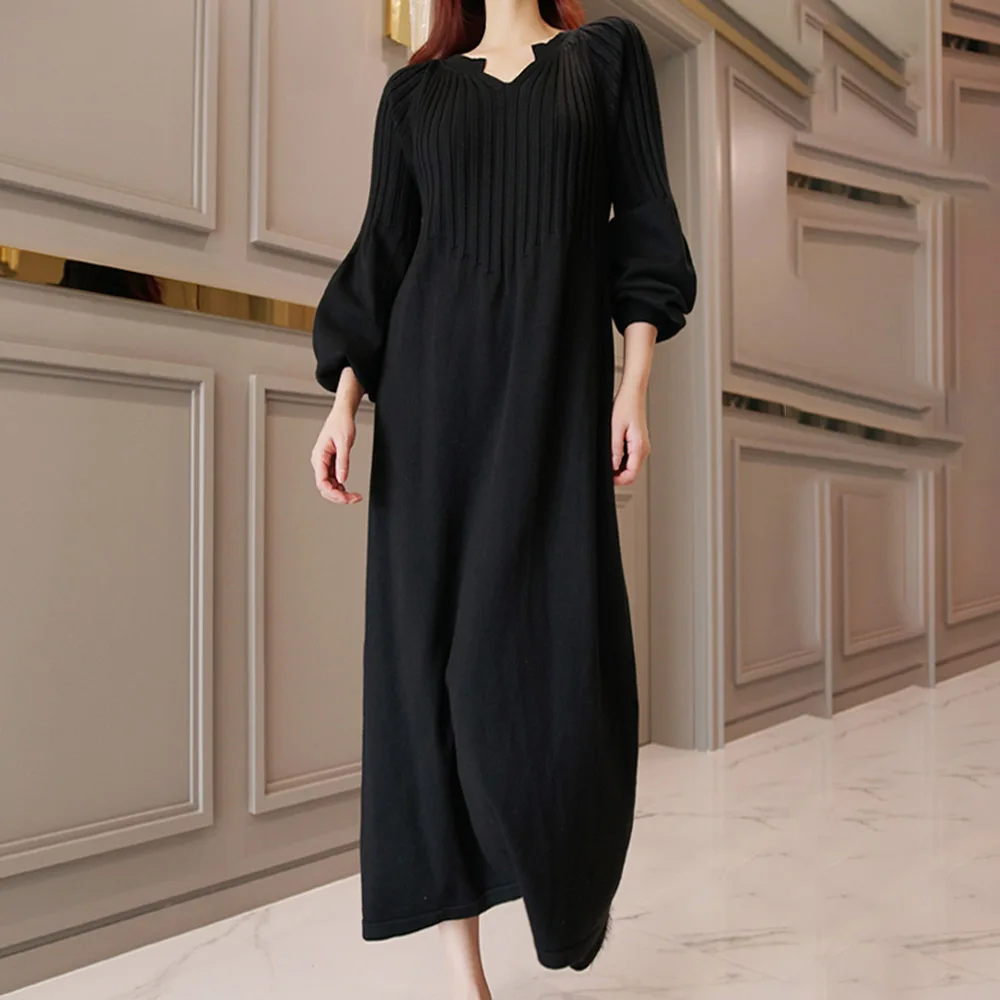 

Женское свободное трикотажное платье, однотонное платье средней длины с V-образным вырезом и длинным рукавом, Осень-зима 2021