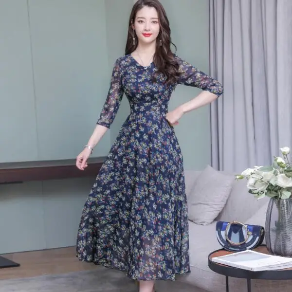 V Neck Chinese Print floral dress Women Short Sleeve plus size party A Line Maxi Chiffon elegant vintage Loose Dress DV352 | Женская