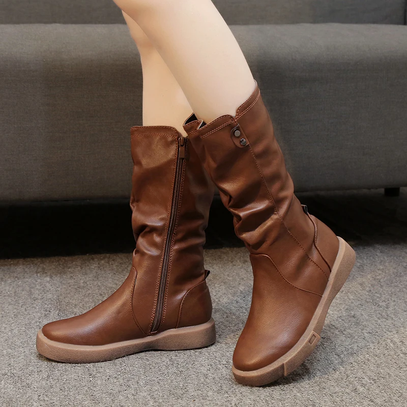 

Big Size 42 Winter Plus Velvet Women Motorcycles Boots Fashion Round Toe Women Flat Boots Heel Side Zipper Ladies Martin Boots
