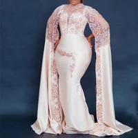 rose gold mermaid evening dresses high neck flutter sleeve sweep train lace beading women formal prom party gowns vestidos