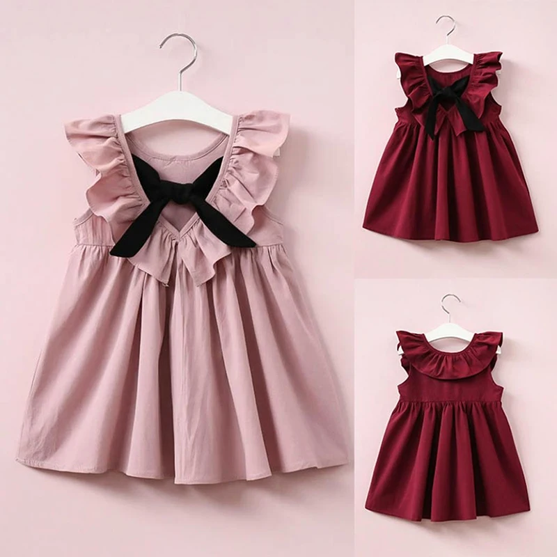 

Elegant Sleeveless Dress Children Pleated Backless Bow Clothes Girls Ruffles Party Wedding Costume Kids V-Back Princess Dresses