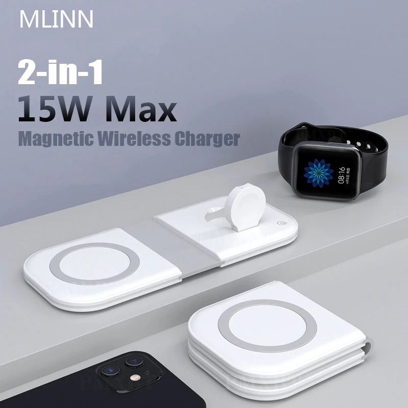 

Foldable Magnetic Duo Charger Mag For Safe iPhone 12 Pro 2in1 Wireless Dual-Charger For Apple iPhone 13 Mini iWatch Airpods Fast