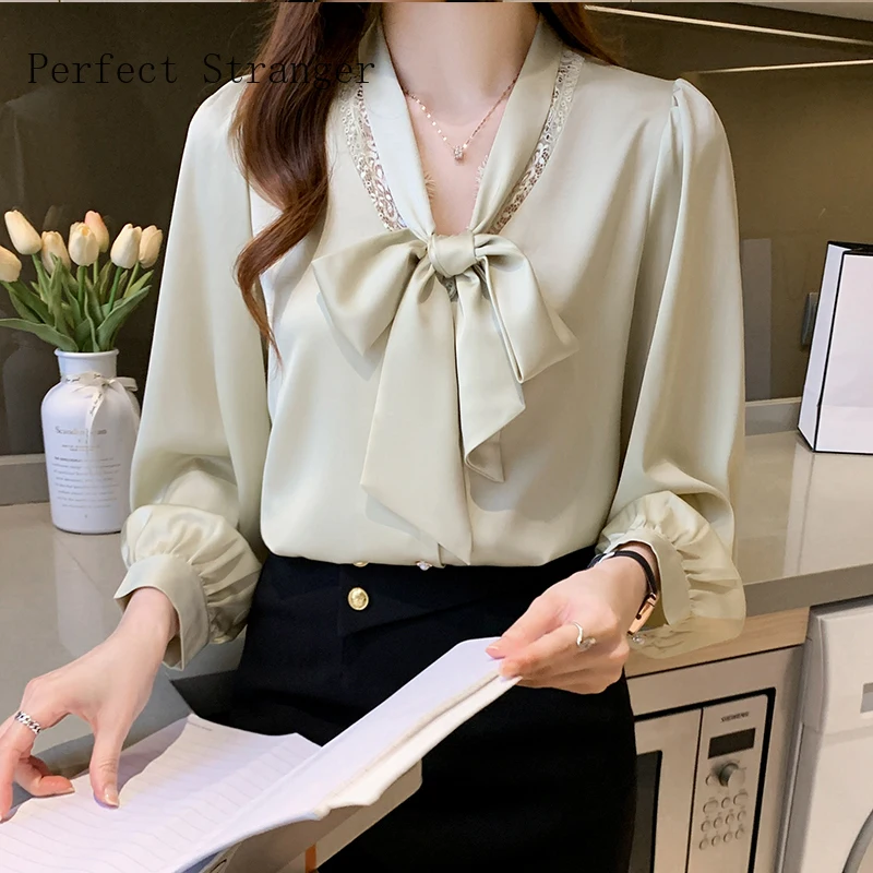 

Шифоновая Блузка с длинным рукавом, офисные рубашки, блузка, Женский однобортный Топ с бантом на воротнике, рубашки 2XL