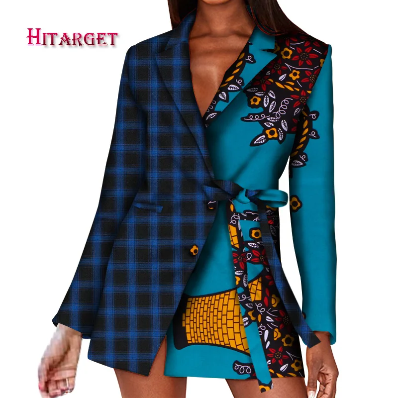 

2019 Sexy Deep V-Neck Women Coat Bazin Riche African Wax Print Ladies dashiki Suit with Bow Fashion Office Coat WY5382