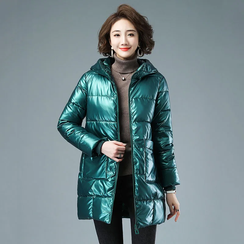 

Women Winter Jacket Parkas 2021 New Fashion Glossy Hooded Casual Street Warm Winter Coat Female Cotton Padded Parka Long Outwear