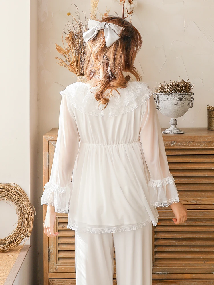 

2021 Pajamas for Women Spring New Long-Sleeved V-neck Vintage Court Style Nightwear Sexy Lace Mesh Modal Sleepwear 2 Piece Set