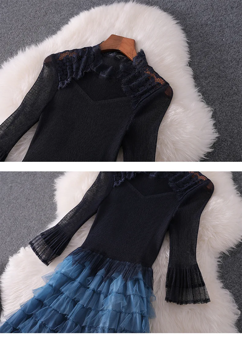Women fashion autumn winter ruffles dress lace inset falre sleeve fit and flare cute dresses new blue