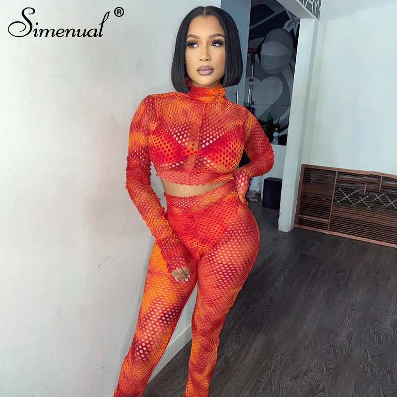 

Simenual Fishnet See Through Tie Dye Two Piece Outfits For Women Sexy Hot Crop Top And Pants Matching Sets Long Sleeve Fashion