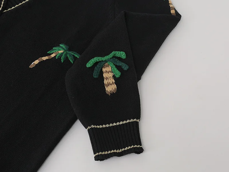 

New 2021 Spring Women Chic Cardigans Luxury Embroidery Coconut Tree Lady's Long Knitted Sweater V-neck Casual Outerwear Clothing