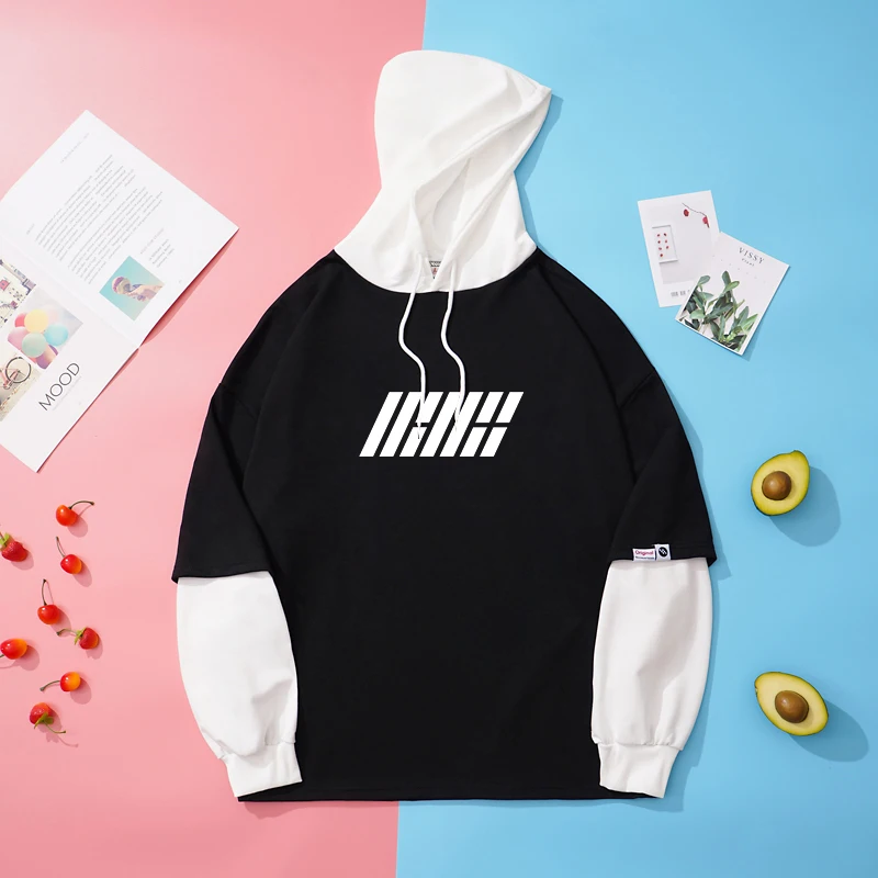 

IKON Kpop Hoodies Sweatshirts Men Women Korean Loose Casual Fake Two Pieces Splicing Tops Sudaderas Fans Support Unisex Clothing