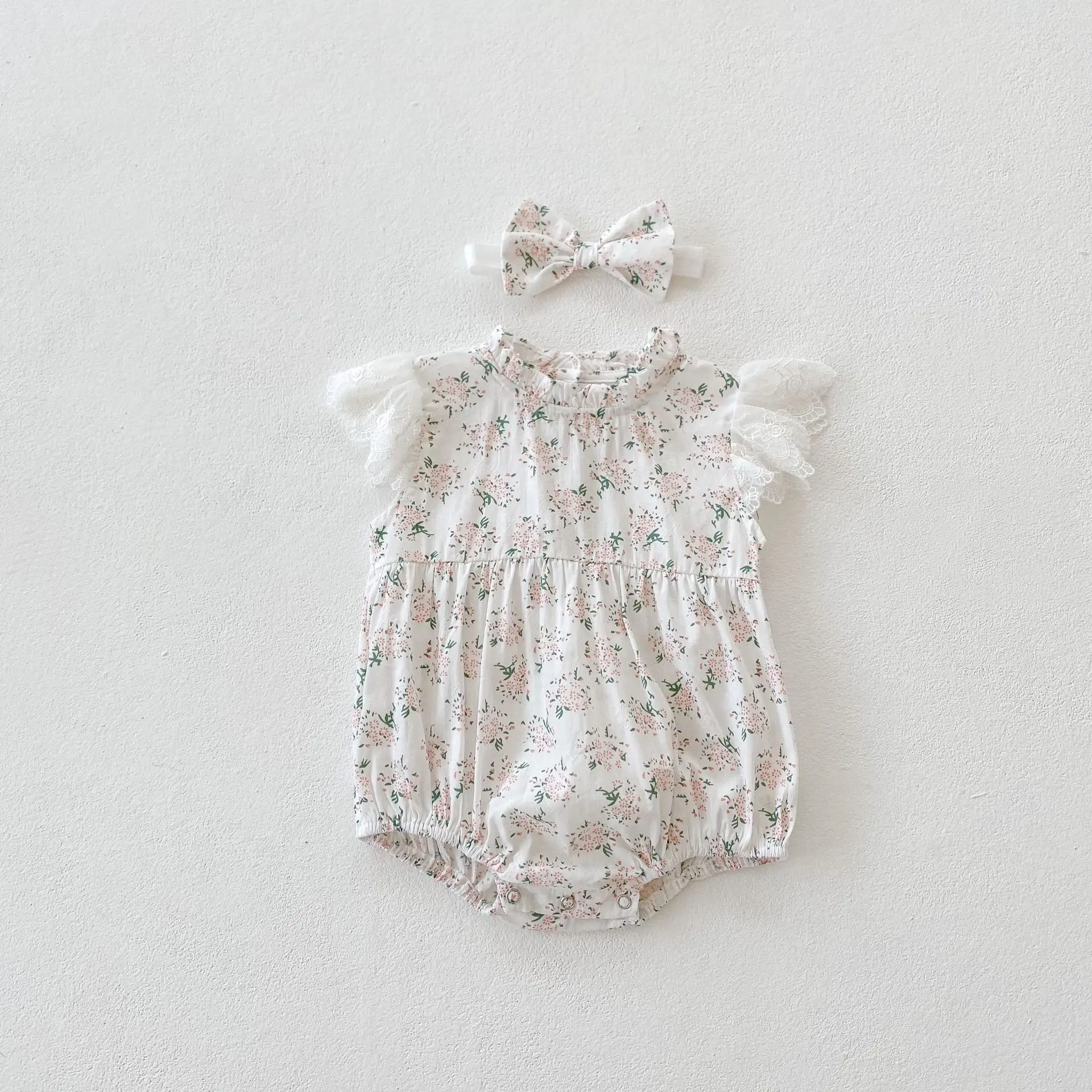

Newborn Baby Girl Sleeveless Floral Printed Pattern Bodysuit Summer New Infant Fairy Lace Princess Bodysuits + Bow Headband