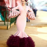 pink burgundy long prom dress mermaid v neck long sleeve tiered floor length formal evening dresses vestido festa 2020 new