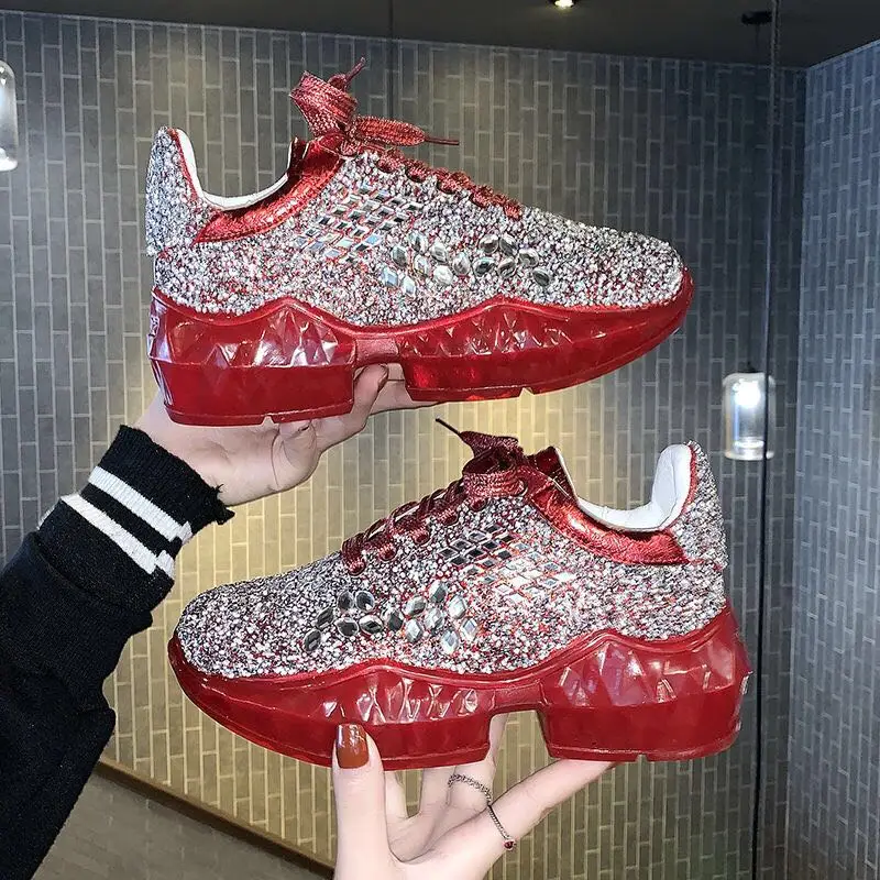 

Womens Sneakers Shoes 2021 Fashion Woman-shoes Platform Rhinestone Tennis Female Designer New Heels Roses Sparkles Thick Sole