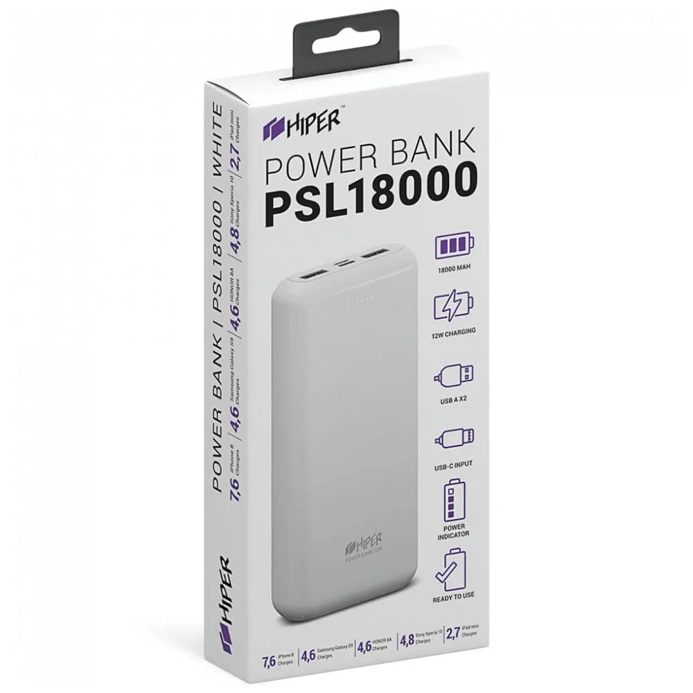 Внешний аккумулятор HIPER PSL18000 Li-Pol 18000 mAh 2.4A+1.5A 2xUSB 1xType-C | Мобильные телефоны и
