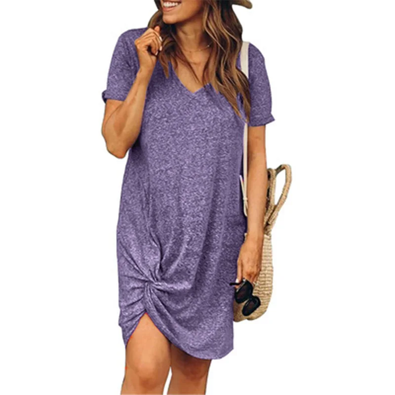 

2021 summer hot sale casual solid color cuffs round neck short sleeve V-neck women's side knotted dress