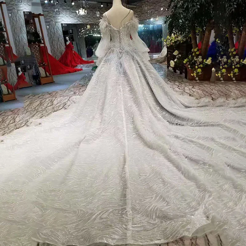 LSS324 серое вечернее платье с перьями страуса милое Пышное длинными рукавами