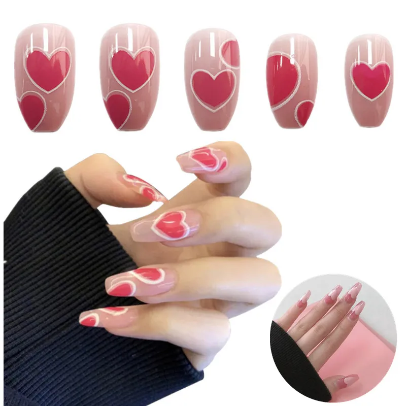 

Detachable False Nails Heart Shaped Full Cover Printed False Nails Set Long Ballerina Nail Extensions Valentine's Day Nail Decor