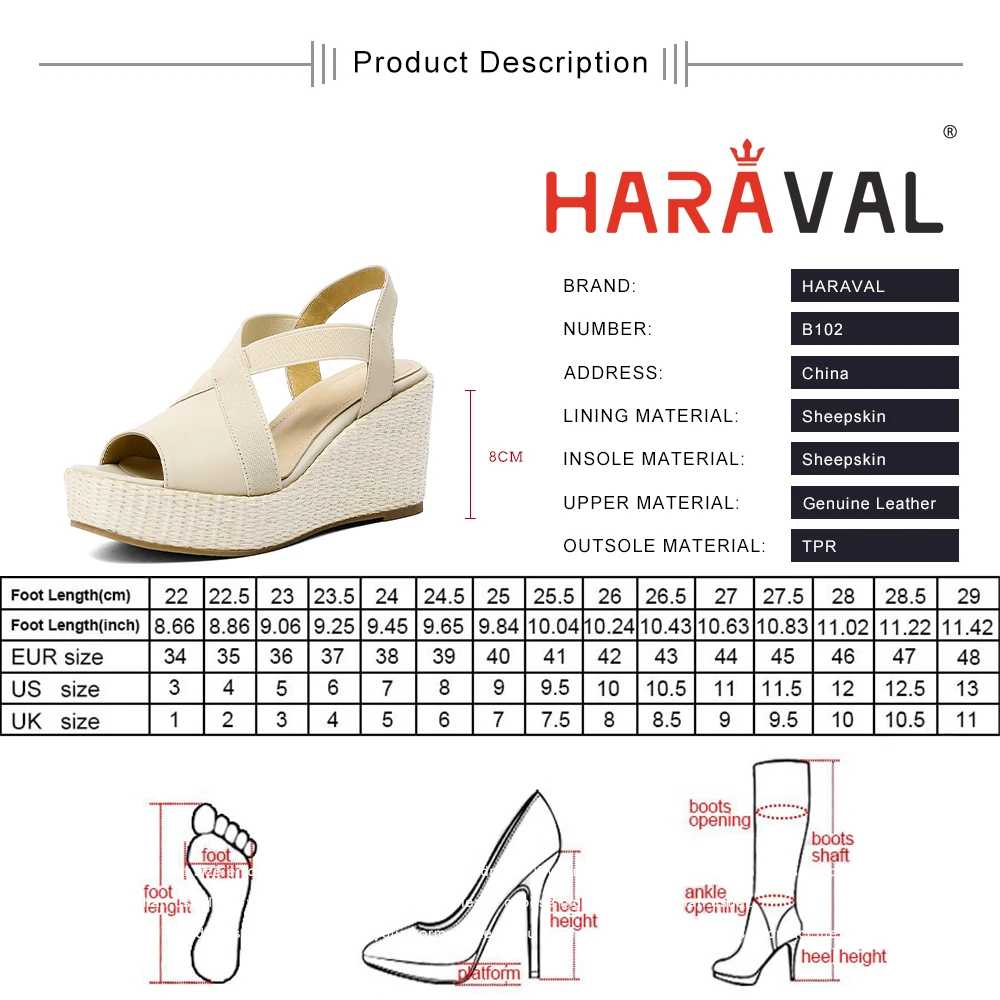 

HARAVAL Women Sandals Shoes Genuine Leather Thick Heels Waterproof Platform Wedges Casual White Brown Yellow Spring Autumn B102