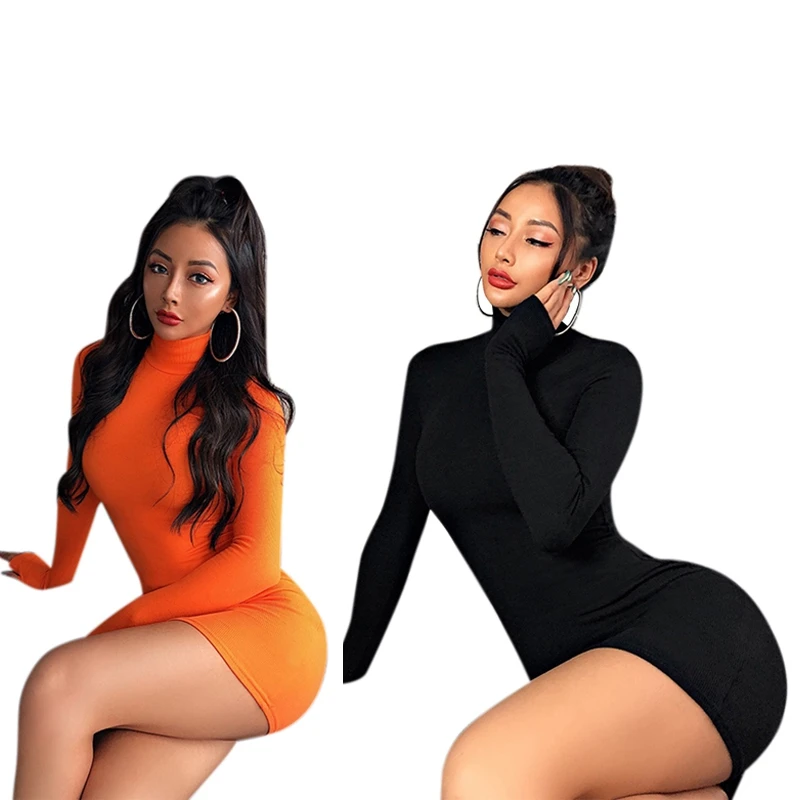 2 х вязаное платье-свитер зимнее облегающее платье с высоким воротником и длинным