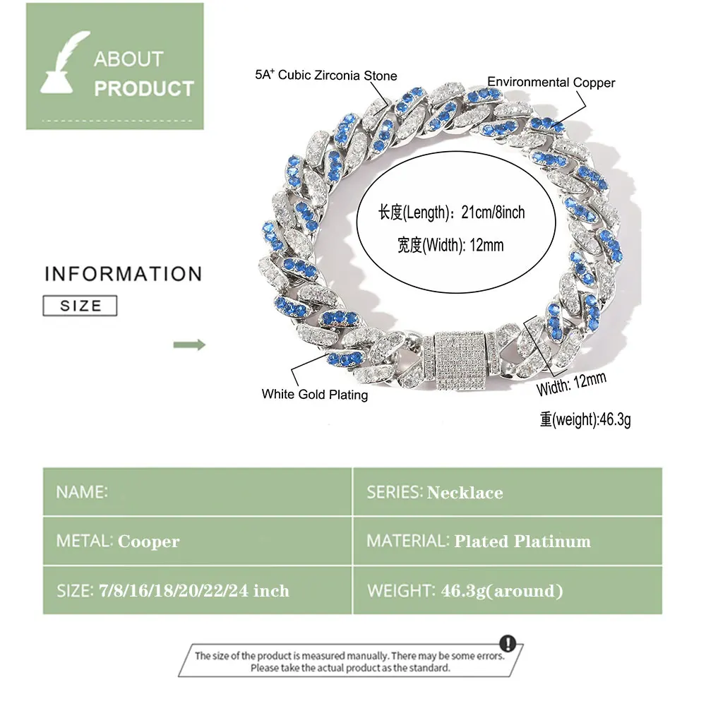 

12mm Necklace Iced Micro Pave Cubic Zirconia Necklace Hip Hop Fashion Jewelry Women For Gift 7/8/16/18/20/22/24 inch