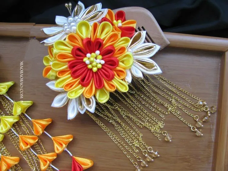 

Handmade Flower Cloth Headwear Wedding Headdress Japanese Stlye Kimono Hairpin Classic Tassels Headband Blue/Yellow Hairwear