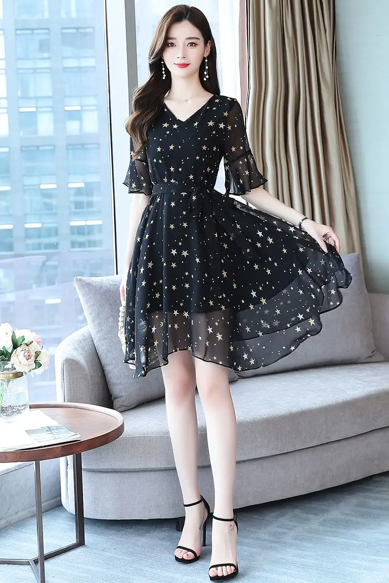 

COIGARSAM Chiffon Women dress New Summer Floral Print High Waist Dresses Black 8127