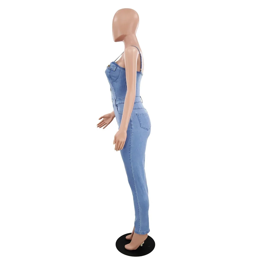

High Elastic Denim Jumpsuits Women Suspender Pants Pocket Sexy Solid Skinny Bodysuit Street Free Shipping Wholesale Dropshpping