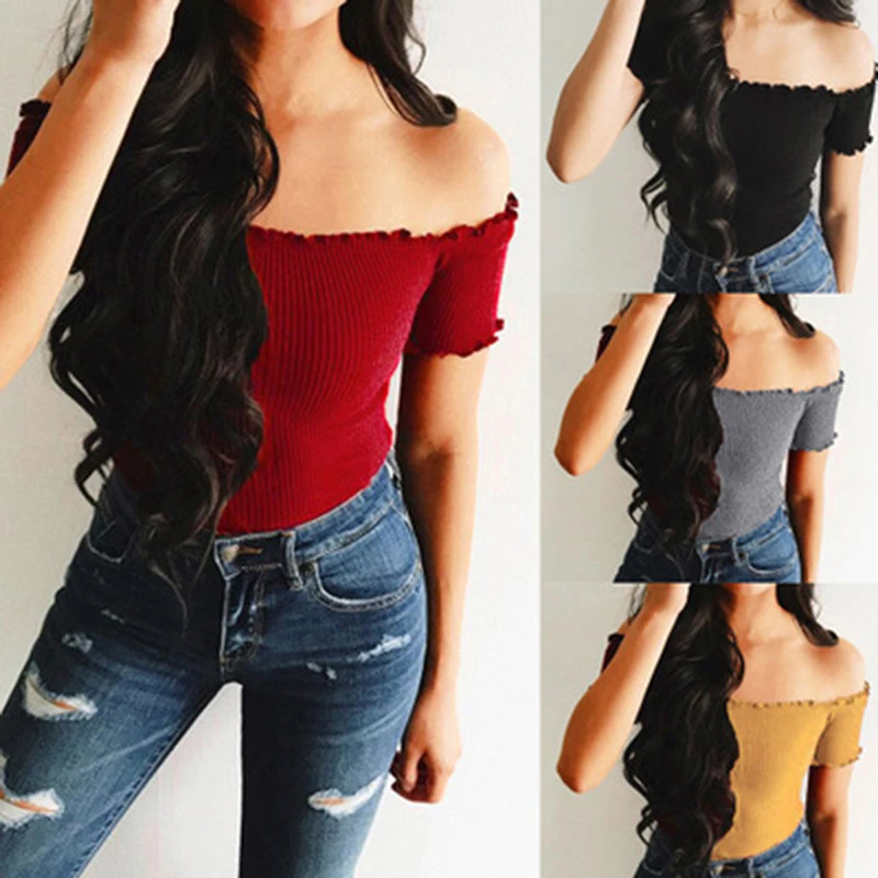 

New Summer Casual T-shirts Female Short Hot Tops Tee Clothes Fashion Chic Off Shoulder Crop Top Ruffle Sexy T-shirt