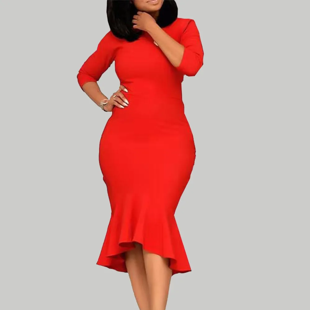 

Dress 2021 African Oversize Western Style Summer New Solid Color Temperament High Waist Mermaid Round Neck Long Sleeve